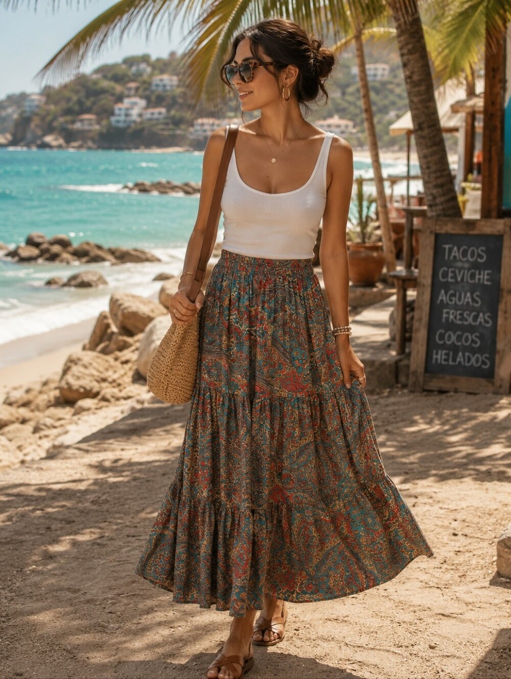 Boho Silk Blend Paisley Maxi Skirt | Tiered | Size M/L